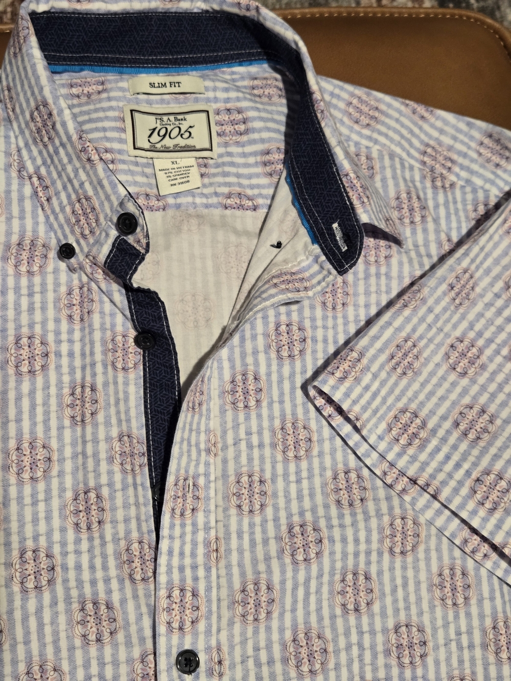 Short-Sleeve Button-Down Shirt in Light Blue with Pink Medallion Print